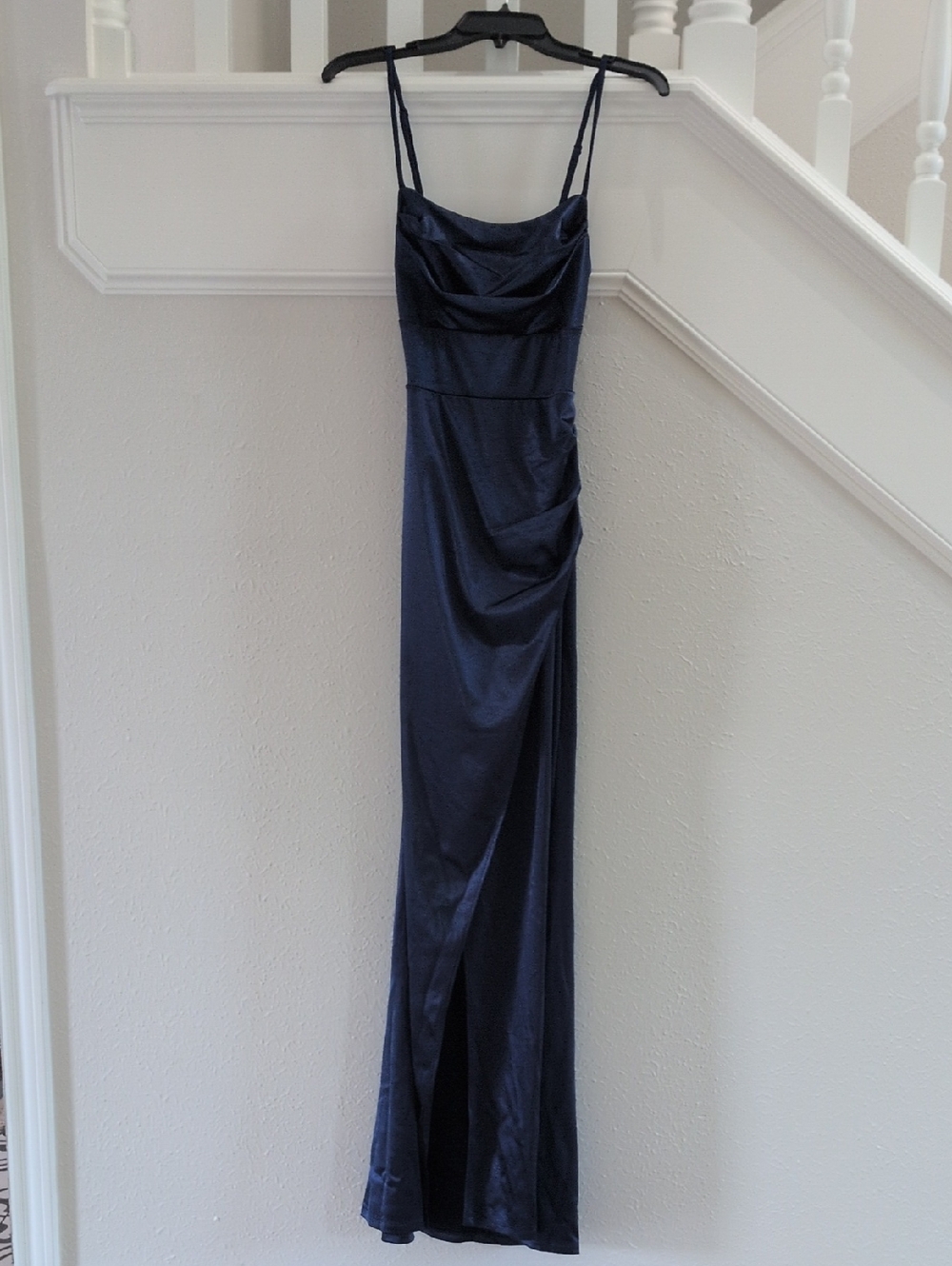 Windsor Navy Satin Cowl Neck Spaghetti Strap Maxi Dress